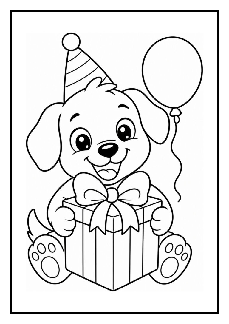 Kleurplaat van een schattig hondje met feestmuts dat een cadeau en een ballon vasthoudt