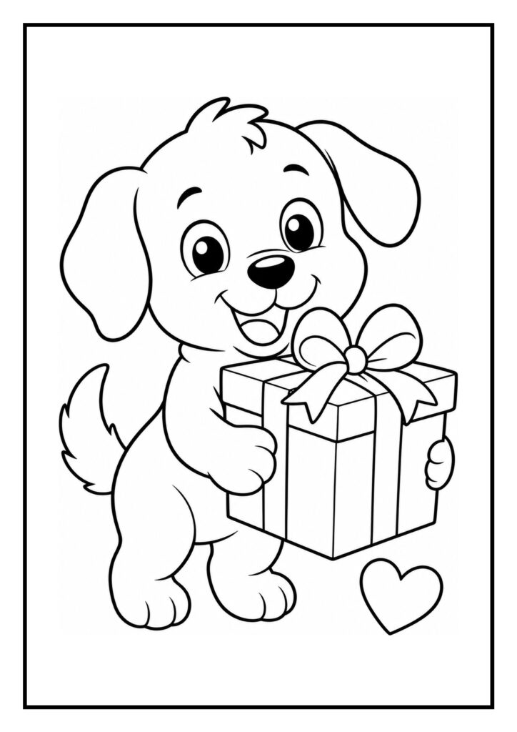Schattige kleurplaat van een vrolijk hondje dat een cadeau vasthoudt met een hartje ernaast
