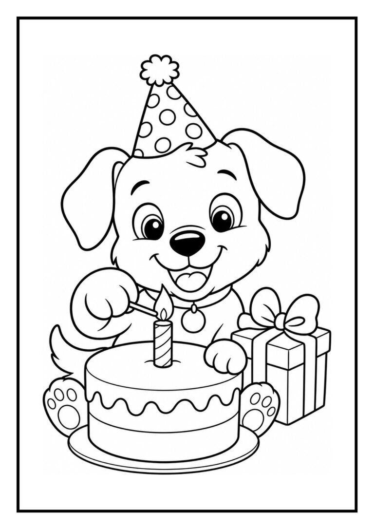 Schattige kleurplaat van een hondje met een feesthoedje dat een kaars op een verjaardagstaart aansteekt, naast een cadeau.