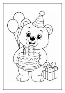 Kleurplaat van een schattige beer met een verjaardagsmuts die een taart vasthoudt, met ballonnen en een cadeau ernaast.