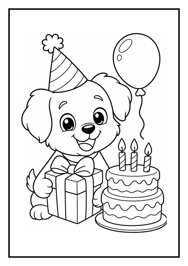 Kleurplaat van een vrolijk hondje met een feestmuts, een cadeau, een taart met drie kaarsjes en een ballon.