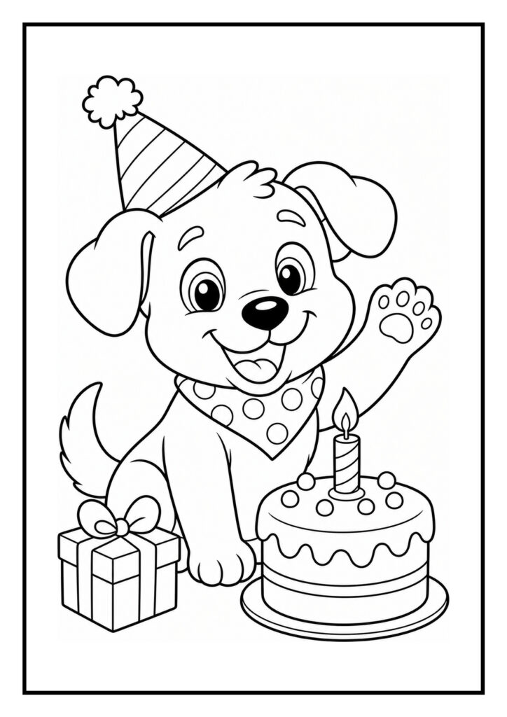 Vrolijke kleurplaat van een hond met een feesthoedje, een verjaardagstaart met kaars en een cadeau