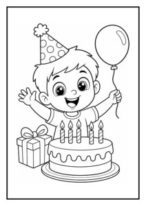 Kleurplaat van een vrolijk jongetje met een verjaardagsmuts, een ballon, een verjaardagstaart met kaarsjes en een cadeau.