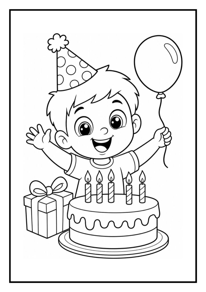 Kleurplaat van een vrolijk jongetje met een verjaardagsmuts, een ballon, een verjaardagstaart met kaarsjes en een cadeau.