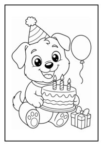 Kleurplaat van een vrolijke puppy met een verjaardagsmuts die een taart met kaarsjes vasthoudt, met een ballon en cadeau erbij.