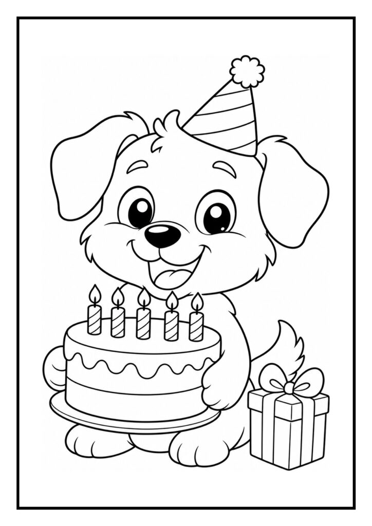 Kleurplaat van een schattige hond met een verjaardagsmuts die een verjaardagstaart vasthoudt met vijf kaarsjes en een cadeau ernaast.