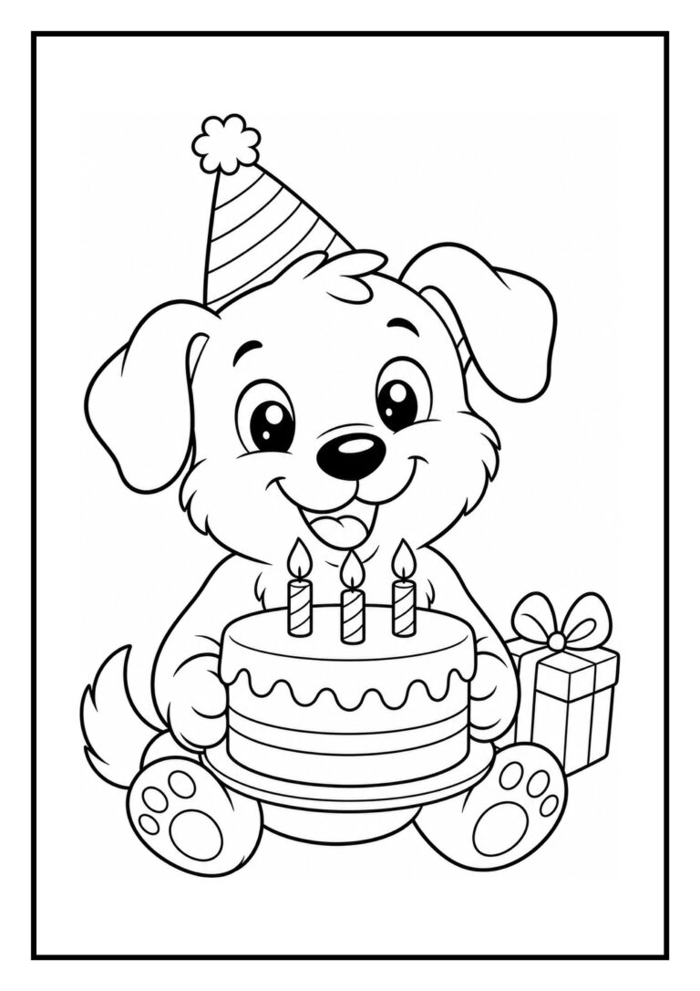 Kleurplaat van een schattige hond met feestmuts die een verjaardagstaart met drie brandende kaarsjes vasthoudt en een cadeau naast zich heeft