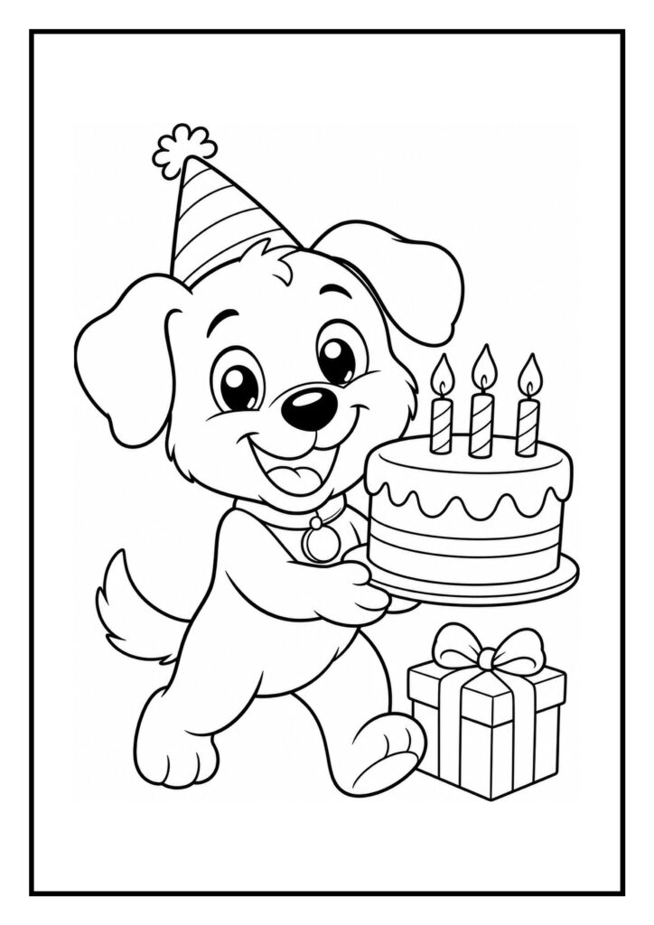 Schattige hond kleurplaat voor kinderen met een blije hond die een verjaardagstaart vasthoudt en een cadeau in de buurt heeft.