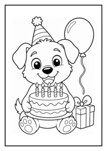 Kleurplaat van een schattige hond met een verjaardagsmuts, een taart met kaarsjes, een ballon en een cadeau.
