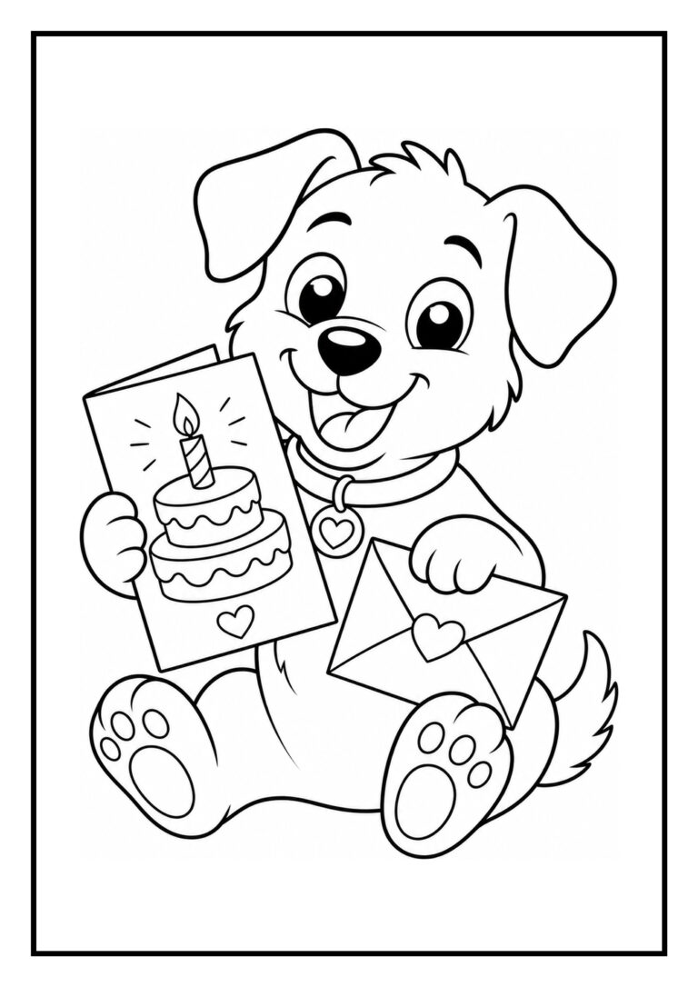 Schattige kleurplaat van een vrolijke hond die een verjaardagskaart en een envelop vasthoudt.