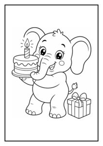 Leuke kleurplaat van een schattige olifant die een verjaardagstaart vasthoudt met een brandende kaars en een cadeau aan de zijkant.