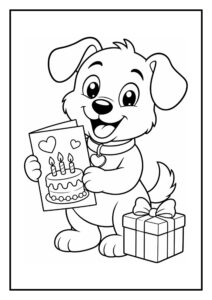 Kleurplaat van een schattige vrolijke hond die een verjaardagskaart met een taart vasthoudt en naast een cadeau staat.