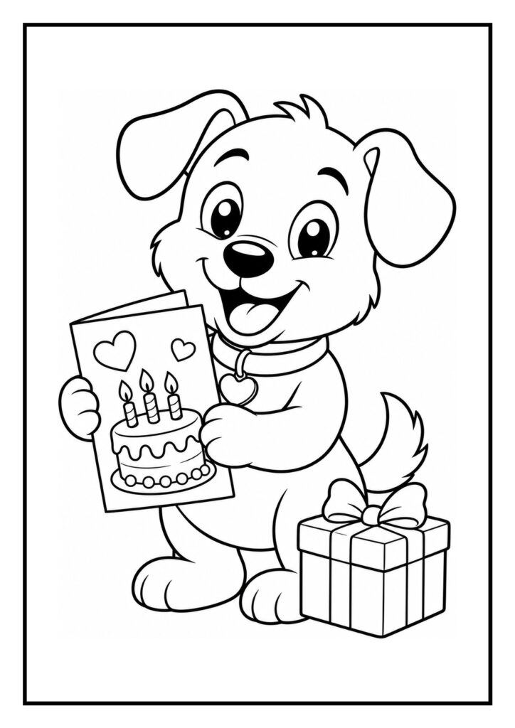 Kleurplaat van een schattige vrolijke hond die een verjaardagskaart met een taart vasthoudt en naast een cadeau staat.