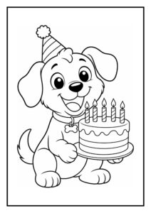 Leuke kleurplaat van een schattige hond met een feestmuts die een verjaardagstaart met vijf kaarsjes vasthoudt