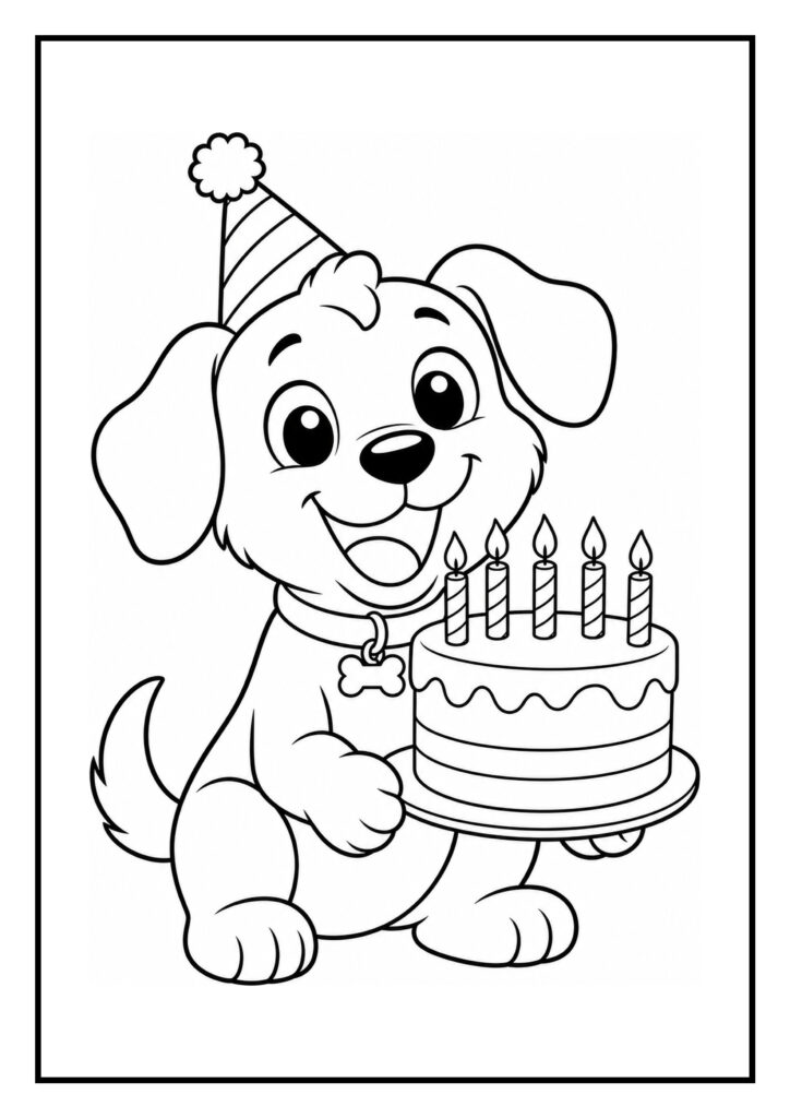 Leuke kleurplaat van een schattige hond met een feestmuts die een verjaardagstaart met vijf kaarsjes vasthoudt