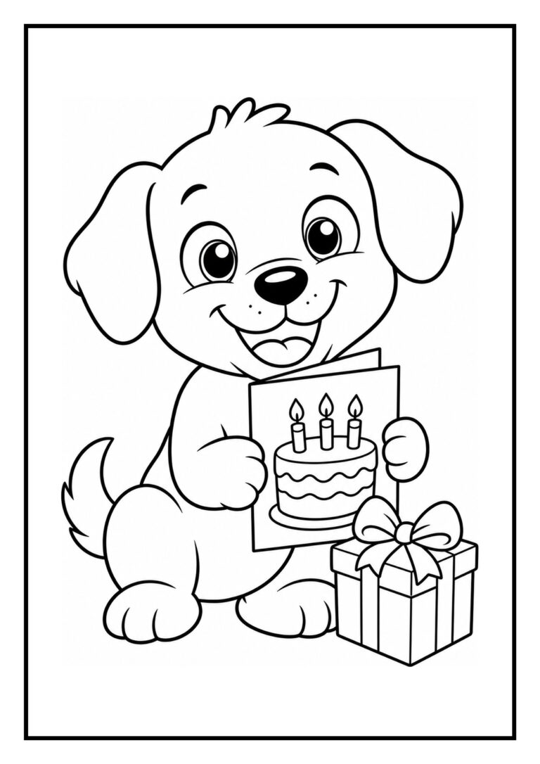 Schattige puppy kleurplaat met een verjaardagstaart en een cadeau voor kinderen.