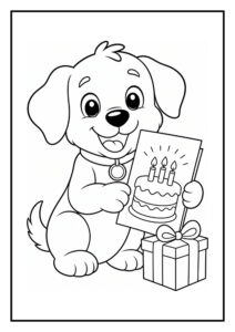 Kleurplaat van een schattige hond die een verjaardagskaart vasthoudt met een taart en een cadeau ernaast