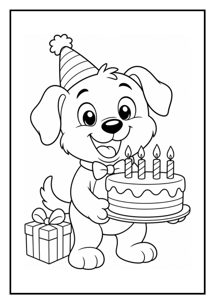 Kleurplaat van een vrolijke hond met een feestmuts die een verjaardagstaart met kaarsjes vasthoudt en een cadeau naast zich heeft.
