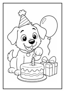 Kleurplaat van een schattig hondje met een feestmuts, een verjaardagstaart met kaarsje, een ballon en een cadeau.