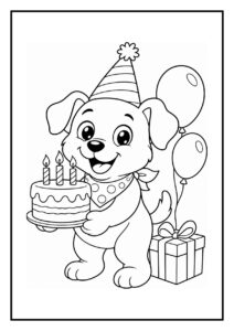 Kleurplaat met een schattige hond die een verjaardagstaart vasthoudt, met ballonnen en een cadeau op de achtergrond
