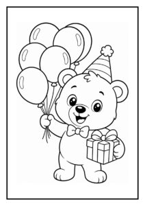 Leuke kleurplaat van een feestelijke beer met ballonnen en een cadeau, geschikt voor kinderen.