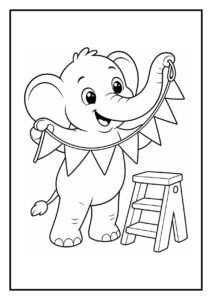 Kleurplaat van een schattige olifant die een slinger vasthoudt naast een trapje in een feestelijke sfeer