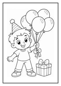 Kleurplaat van een vrolijk jongetje met een feestmuts dat ballonnen vasthoudt en een cadeau naast zich heeft.