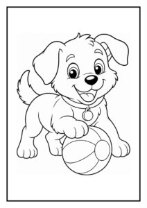 Schattige kleurplaat van een vrolijke hond die speelt met een bal