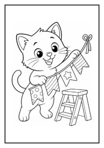 Leuke kleurplaat van een schattige kat die een feestelijke vlaggenlijn ophangt in een vrolijke sfeer