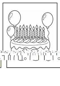 Een kleurplaat van een verjaardagstaart met tien brandende kaarsen en kleurrijke ballonnen eromheen.