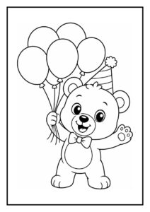 Leuke kleurplaat van een vrolijke beer met kleurrijke ballonnen en een feestmuts op het hoofd.
