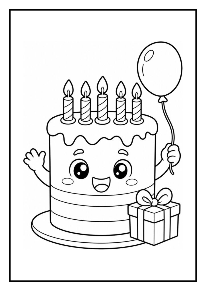 Kleurplaat van een schattige verjaardagstaart met een gezicht, vijf kaarsen, een ballon en een cadeau erop