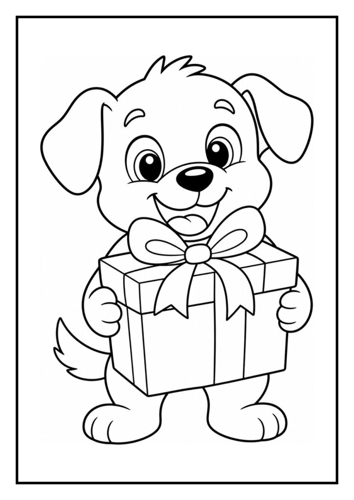 Schattige puppy kleurplaat voor kinderen die een cadeau vasthoudt met een grote strik