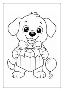 Kleurplaat van een schattige puppy die een cadeau vasthoudt naast een ballon