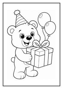 Kleurplaat van een schattige beer met een feesthoed, die een cadeau en ballonnen vasthoudt tijdens een feestelijke verjaardag.