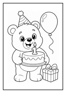 Kleurplaat van een schattige beer met een verjaardagsmuts die een verjaardagstaart met kaars vasthoudt, met een ballon en een cadeau erbij.