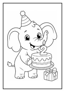 Kleurplaat van een schattige olifant met feestmuts die een verjaardagstaart vasthoudt met een kaars in de vorm van het cijfer 2