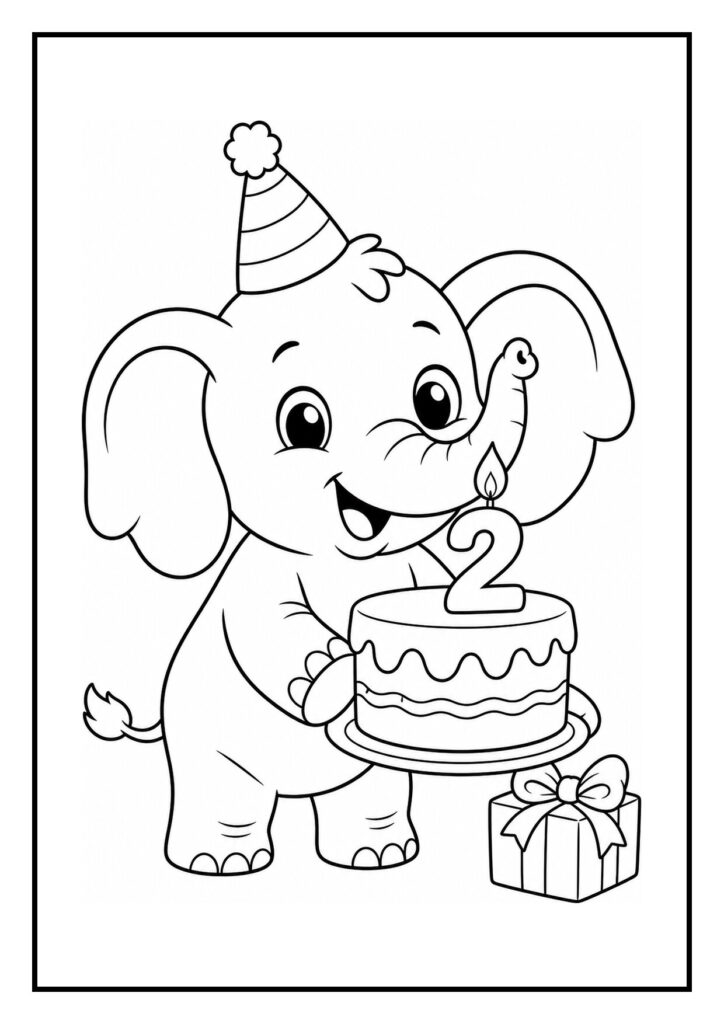 Kleurplaat van een schattige olifant met feestmuts die een verjaardagstaart vasthoudt met een kaars in de vorm van het cijfer 2