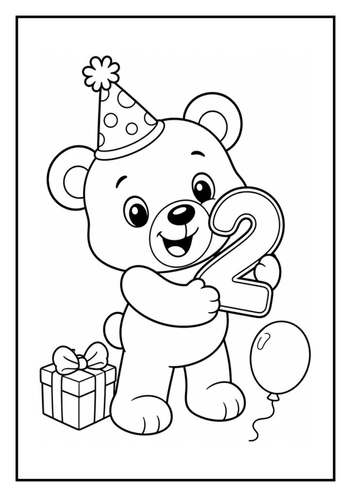 Leuke kleurplaat van een schattige beer met een feestmuts die een cijfer 2 vasthoudt met een cadeau en ballon.