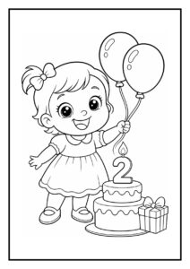 Kleurplaat van een vrolijk meisje dat twee ballonnen vasthoudt naast een verjaardagstaart met een kaars in de vorm van het cijfer 2 en een cadeau.