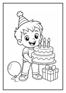 Kleurplaat van een blij jongetje met een verjaardagsmuts dat een taart met drie kaarsjes vasthoudt, omringd door een cadeau en een ballon