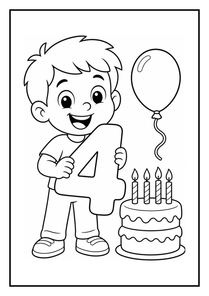 Vrolijk jongetje blaast vier kaarsen uit op een verjaardagstaart met een grote 4 en een ballon