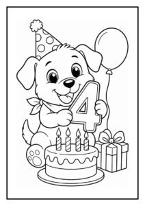 Kleurplaat van een feestelijke puppy met verjaardagsmuts, taart met vier kaarsen, cadeau en ballon