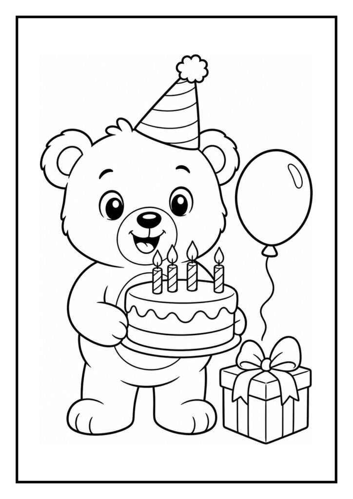 Kleurplaat van een schattige beer met een verjaardagstaart, feestmuts, ballon en cadeau in een feesttent