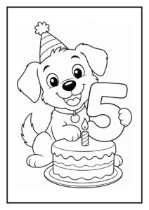 Kleurplaat van een vrolijke hond met feestmuts die vijf kaarsen uitblaast op een verjaardagstaart met het cijfer 5.