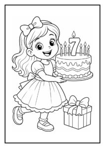 Meisje met een grote verjaardagstaart met kaarsjes en een cadeau ernaast.