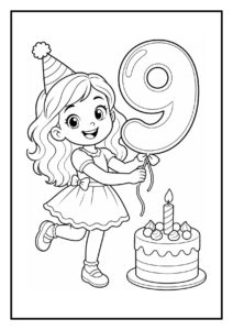 Kleurplaat van een meisje met een verjaardagsmuts die een ballon vasthoudt in de vorm van het cijfer 9 naast een verjaardagstaart met een kaars.