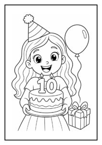 Kleurplaat van een vrolijk meisje met een verjaardagstaart met kaarsjes, een ballon en een cadeau