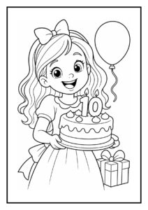 Kleurplaat van een meisje met een verjaardagstaart en een cadeau, feestelijk en geschikt voor kinderen.