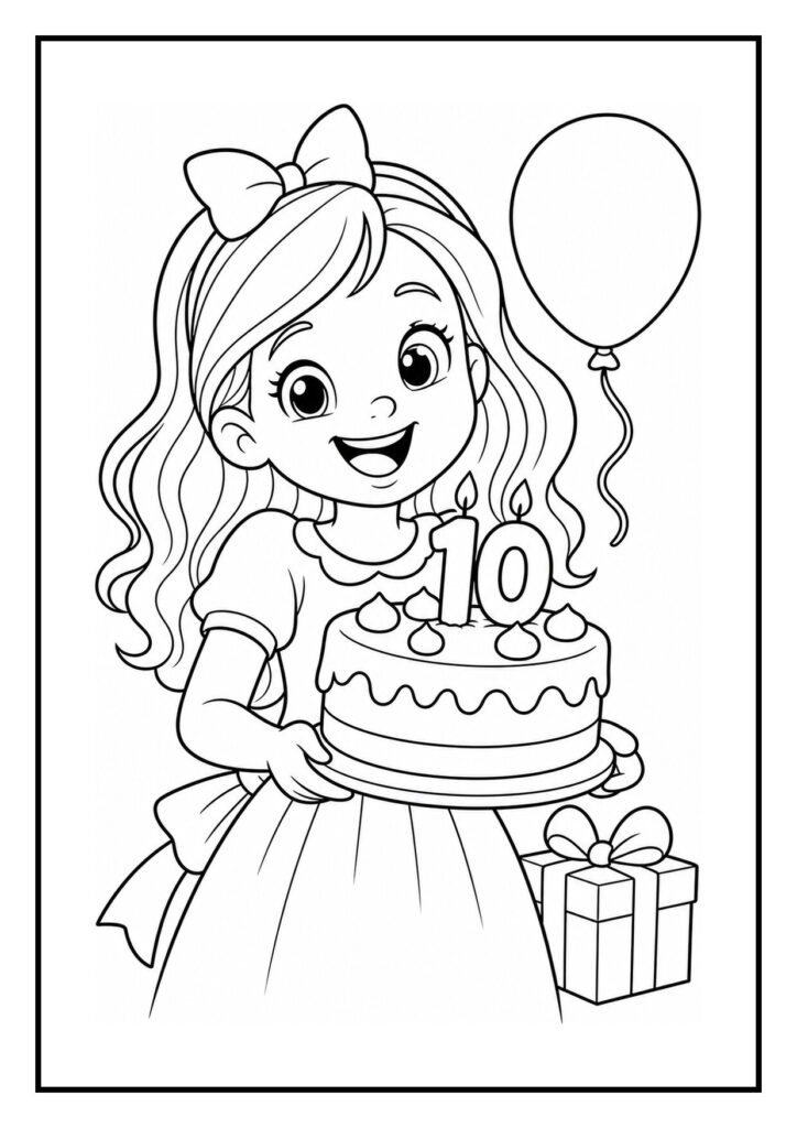 Kleurplaat van een meisje met een verjaardagstaart en een cadeau, feestelijk en geschikt voor kinderen.